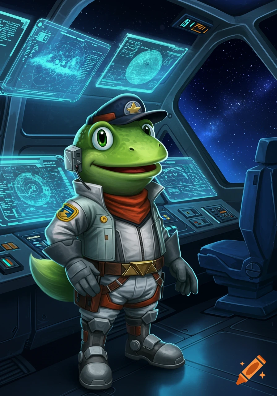 A cartoon green frog pilot, resembling Slippy Toad, in a futuristic spaceship cockpit with glowing screens and a starry space view.