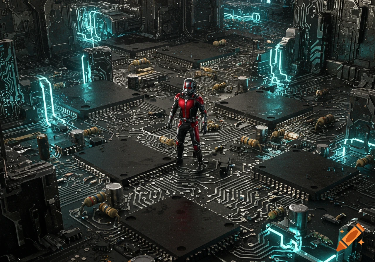 Ant-Man stands in a superhero suit on a vast, detailed circuit board with glowing blue traces and components.