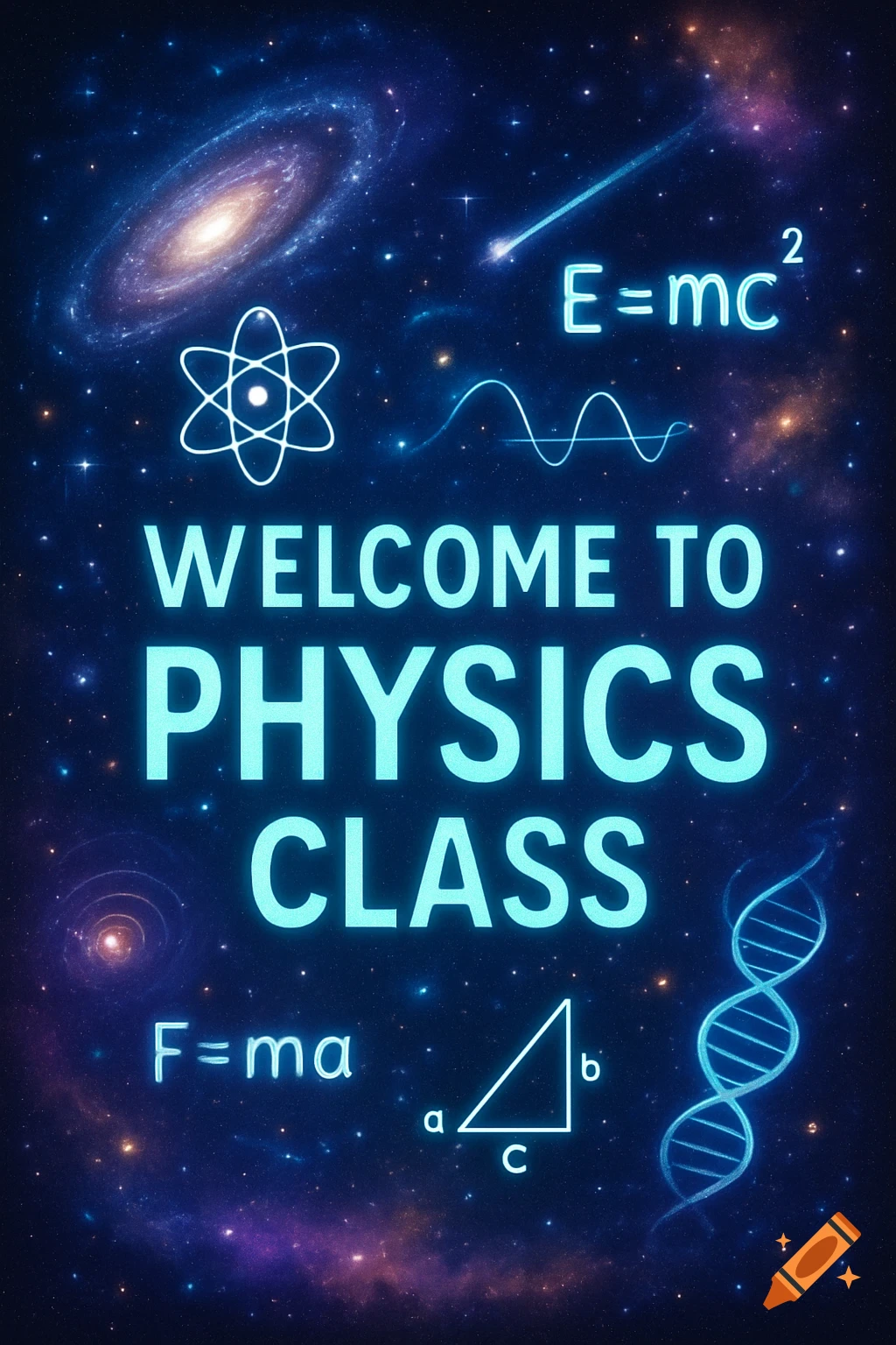 A vibrant blue and purple cosmic poster with glowing white text 'WELCOME TO PHYSICS CLASS' surrounded by scientific symbols like an atom, DNA, and equations, against a starry galaxy background.