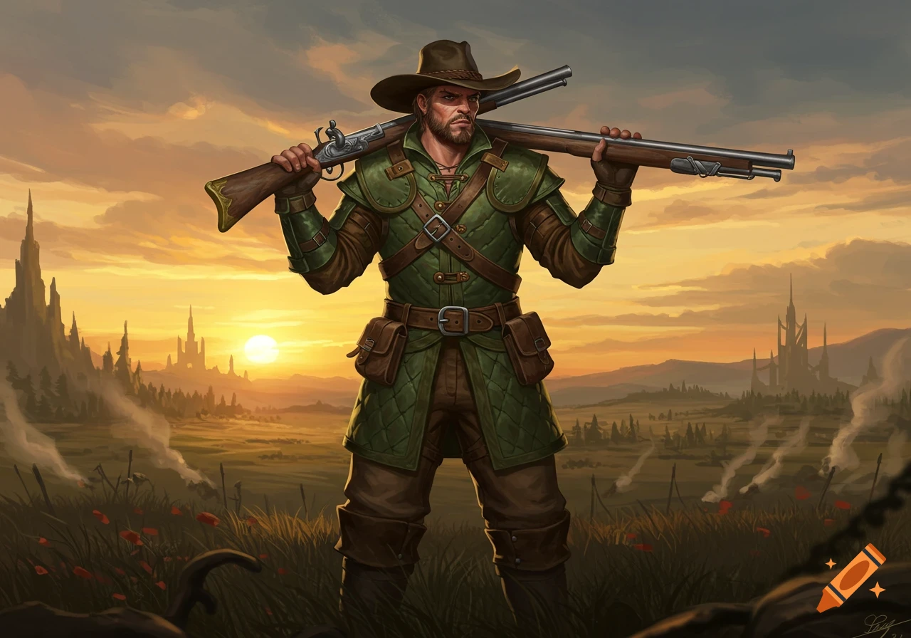 A male gunslinger in green armor and a hat, carrying a musket over his shoulders, stands in a field at sunset with fantasy castles in the background.