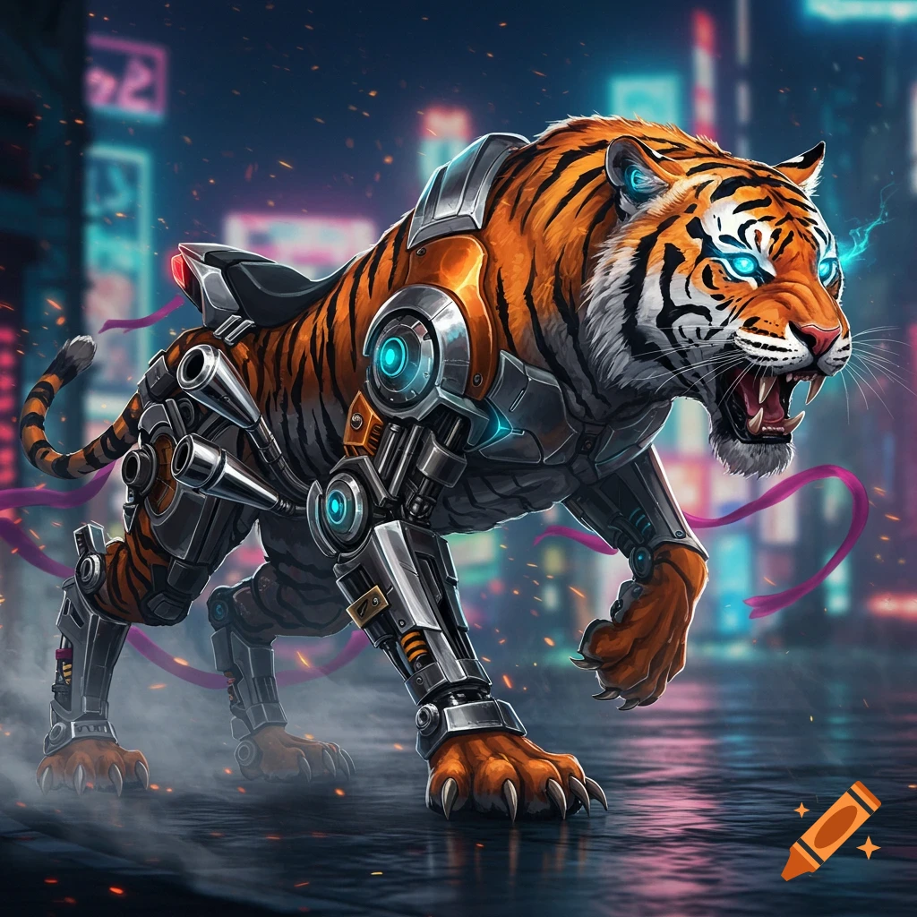 A fierce cybernetic tiger with glowing blue eyes in a futuristic, neon-lit city at night.