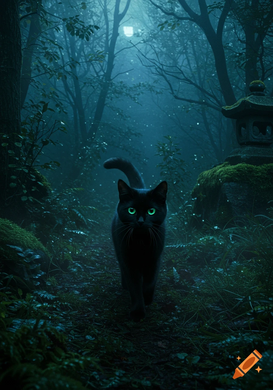 A black cat with glowing green eyes walks through a dark, misty forest at night, with an old stone lantern visible in the background.