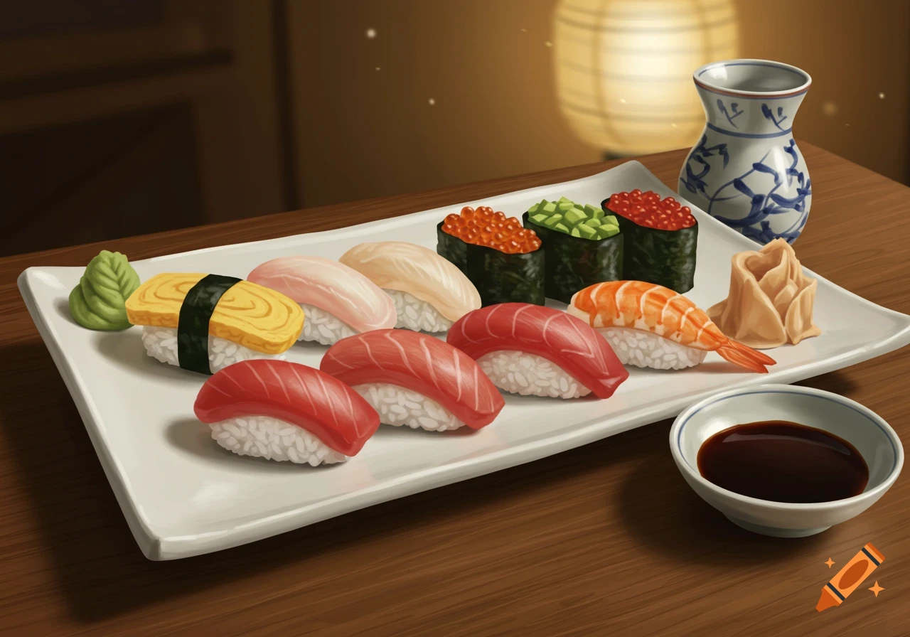 A white plate holds various sushi pieces, including nigiri and gunkan maki, with wasabi, pickled ginger, and a bowl of soy sauce on a wooden table.