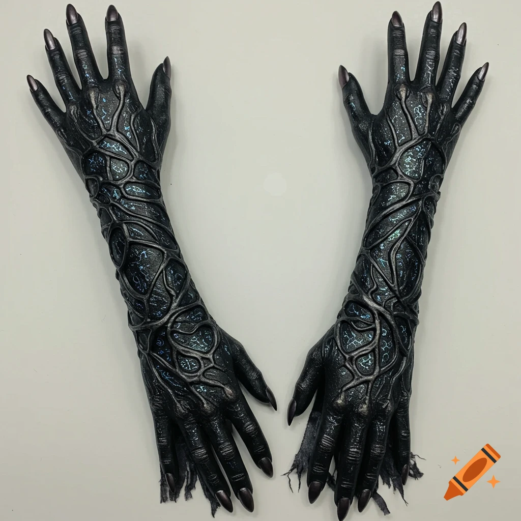 A pair of long, black, demon-like gloves with textured veins, metallic blue highlights, and sharp claws, set against a white background.