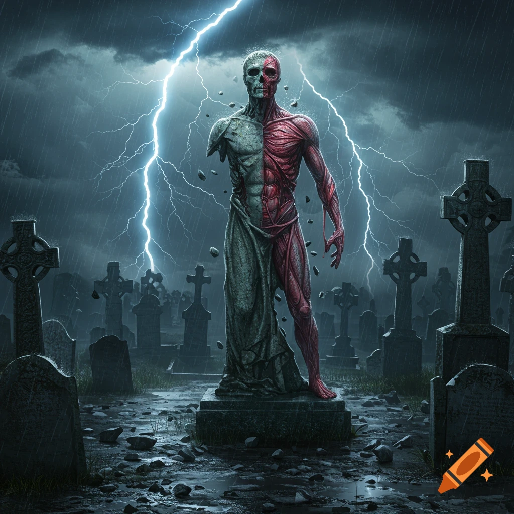 A half-stone, half-flesh statue stands in a dark, stormy graveyard with lightning and rain, surrounded by old tombstones.
