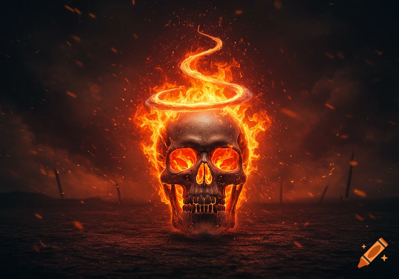 A detailed skull engulfed in vibrant orange and yellow flames, with a fiery halo and spiral above it, on a dark, desolate ground.