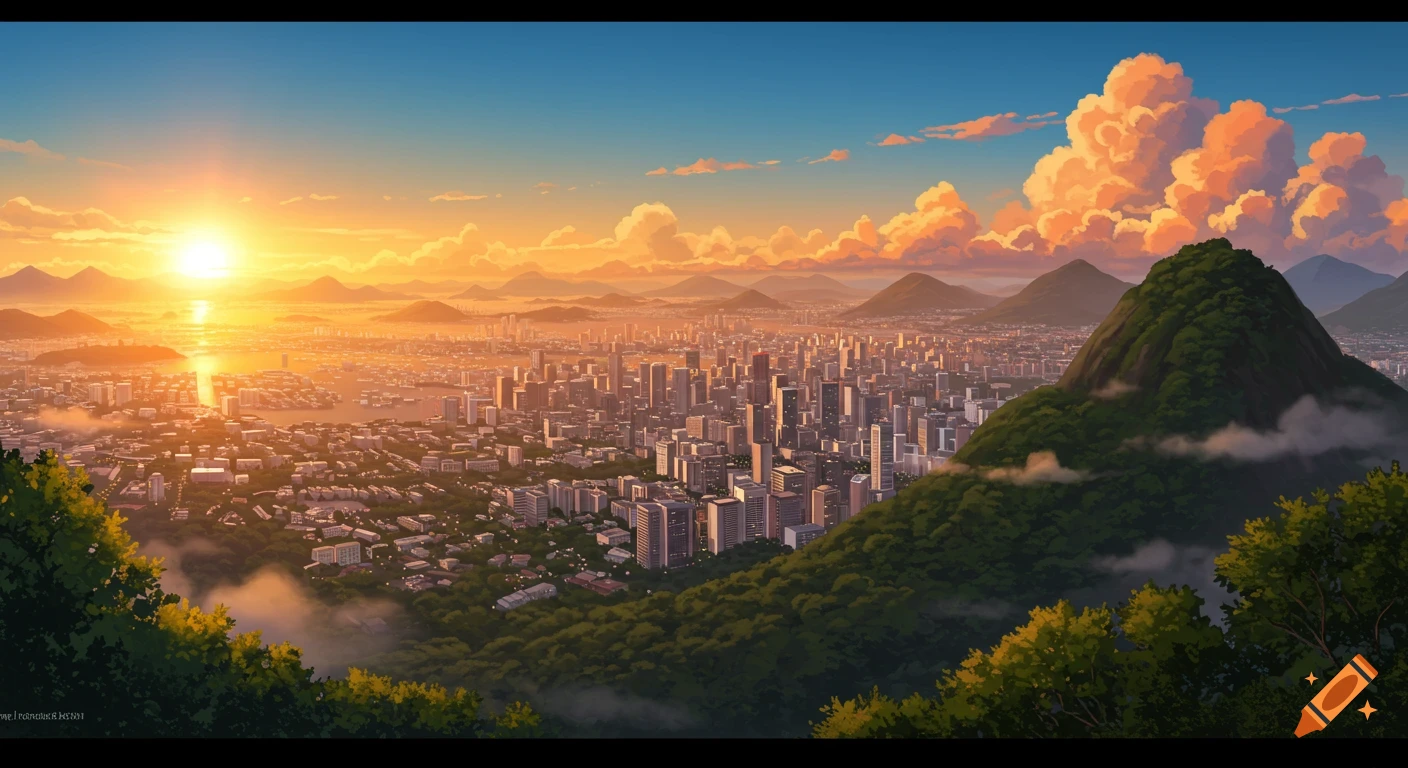 Anime-style cityscape at sunset from a mountain, with glowing sun, orange clouds, and green hills.