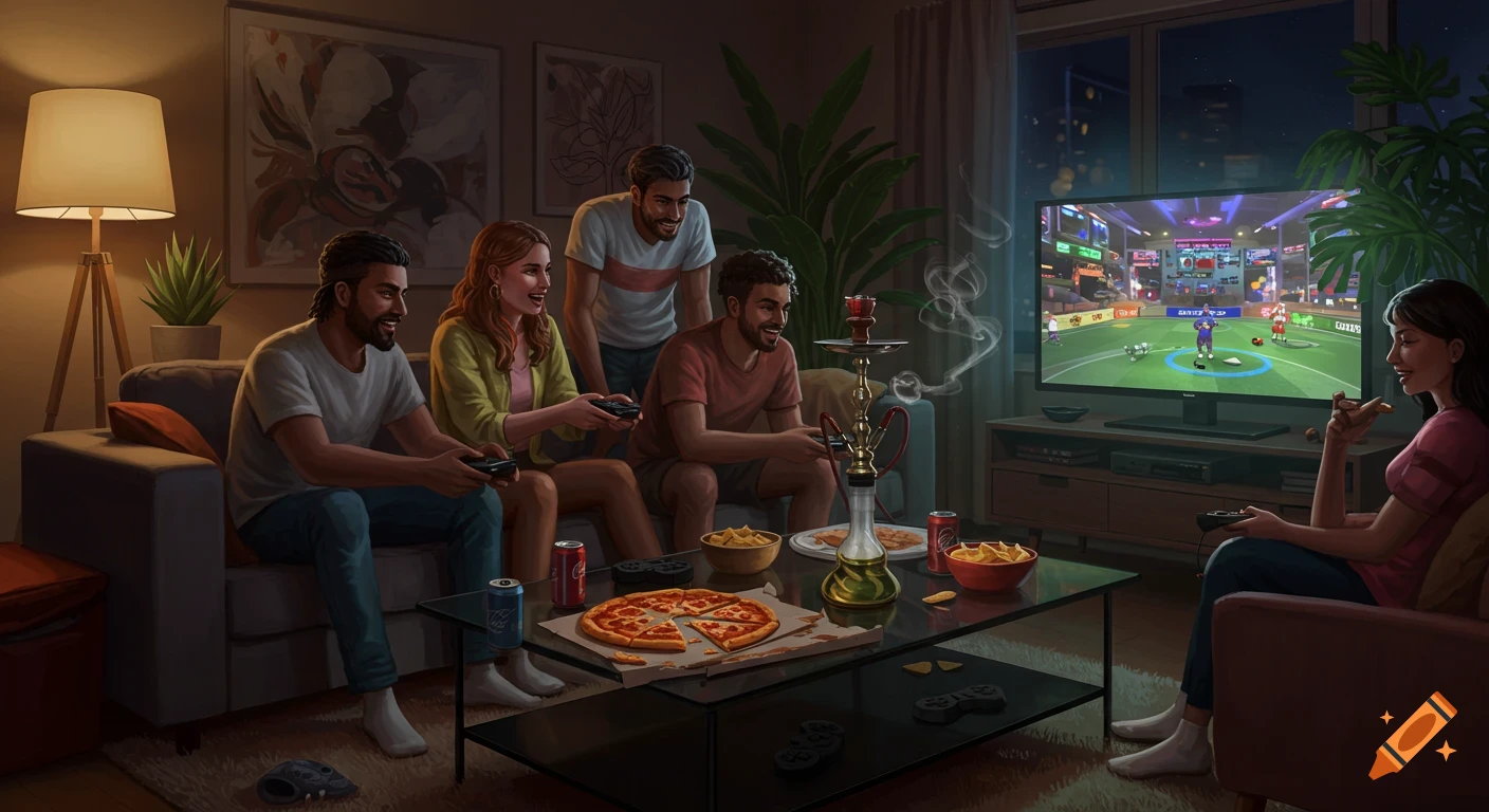 Five friends gathered in a living room, playing a video game on a large TV, enjoying pizza and shisha. The room is dimly lit, with a cozy atmosphere.