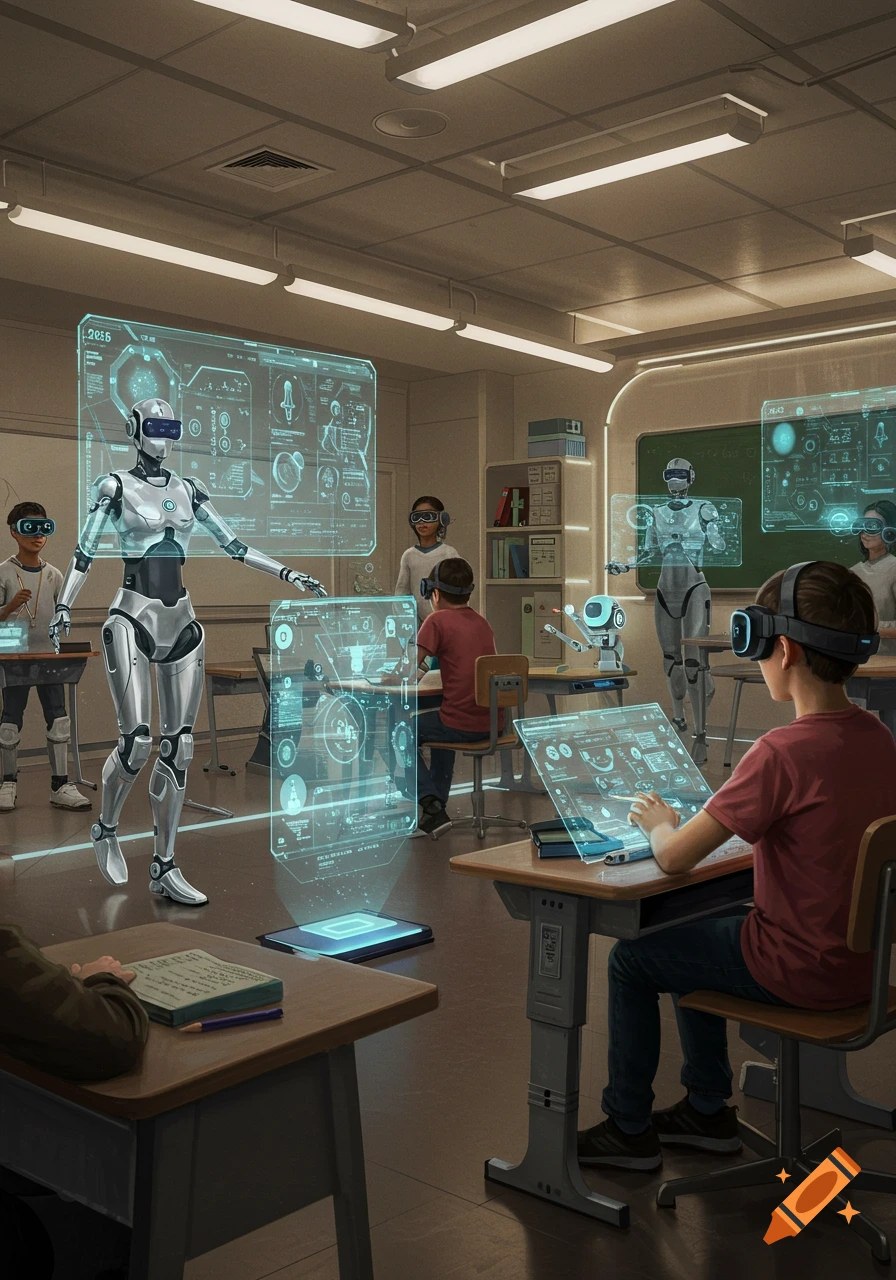 A futuristic classroom where students wear VR headsets and interact with holographic screens, guided by AI robots.