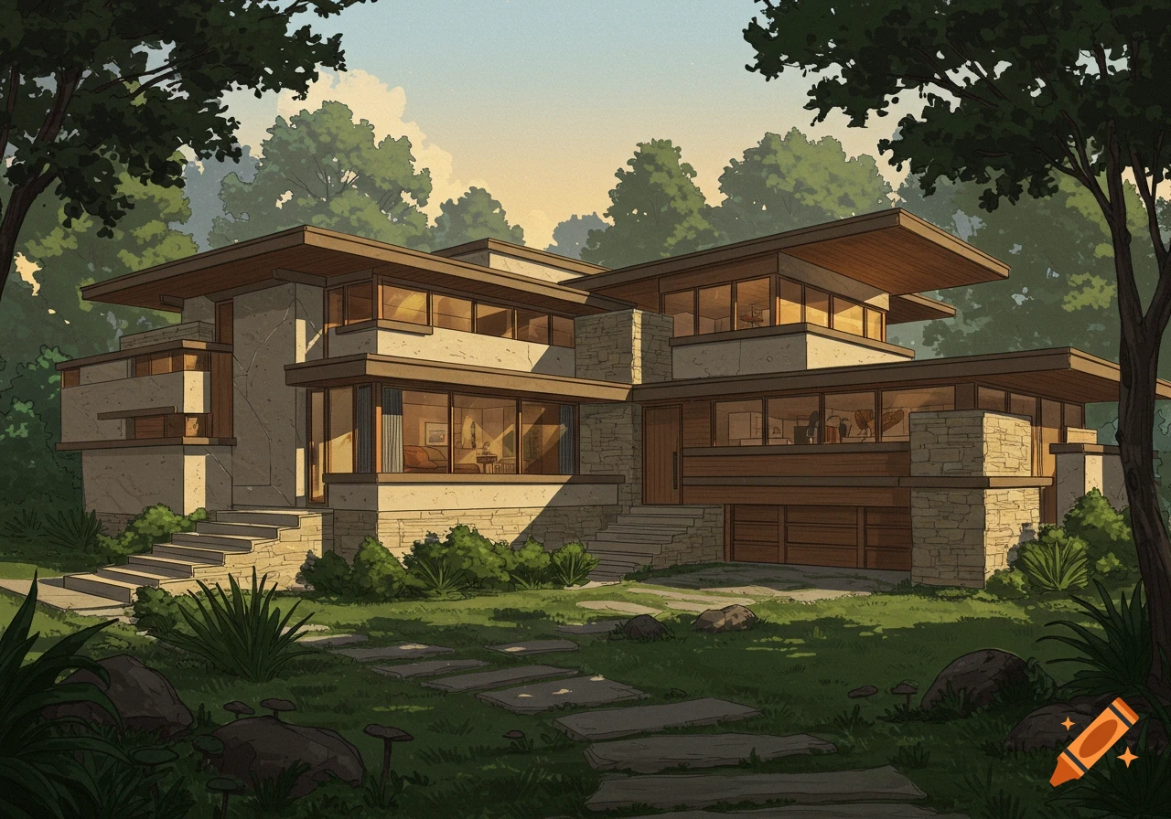 An illustration of a mid-century modern house with stone and wood, surrounded by lush trees and greenery, under a warm sky.