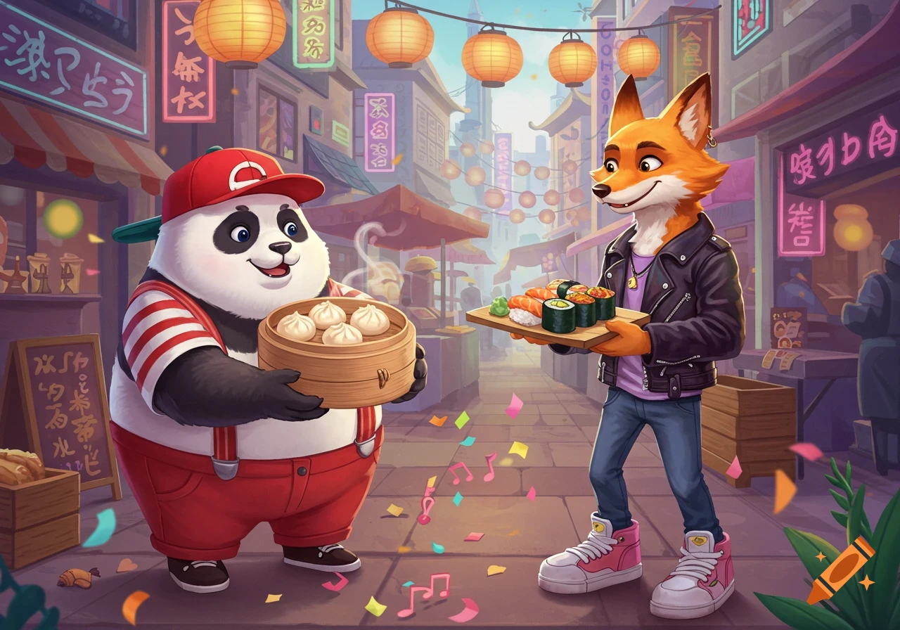 A cartoon panda holds dim sum, facing a cartoon fox holding sushi, in an Asian street market with lanterns and neon signs.