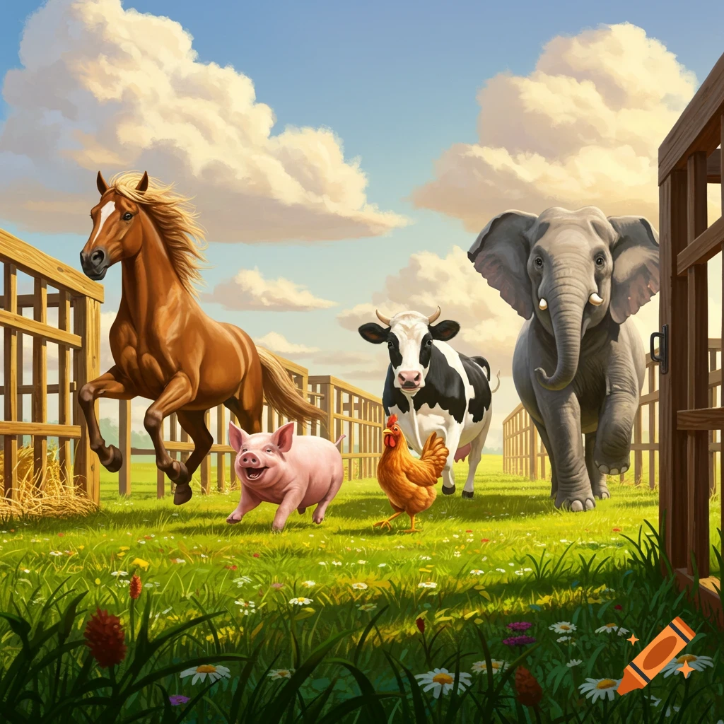 A horse, pig, chicken, cow, and elephant run across a sunny green field with open fences, illustrated.