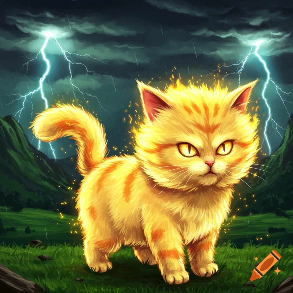 An illustration of a glowing orange cat with intense yellow eyes standing in a grassy field, with lightning striking in the stormy background.