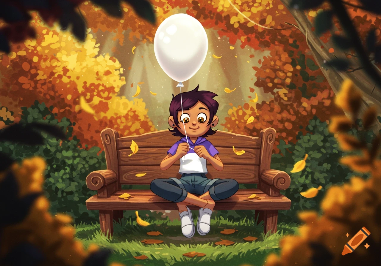 Luz Noceda sits cross-legged on a wooden park bench, holding a white balloon amidst falling autumn leaves in a vibrant, cartoon style.