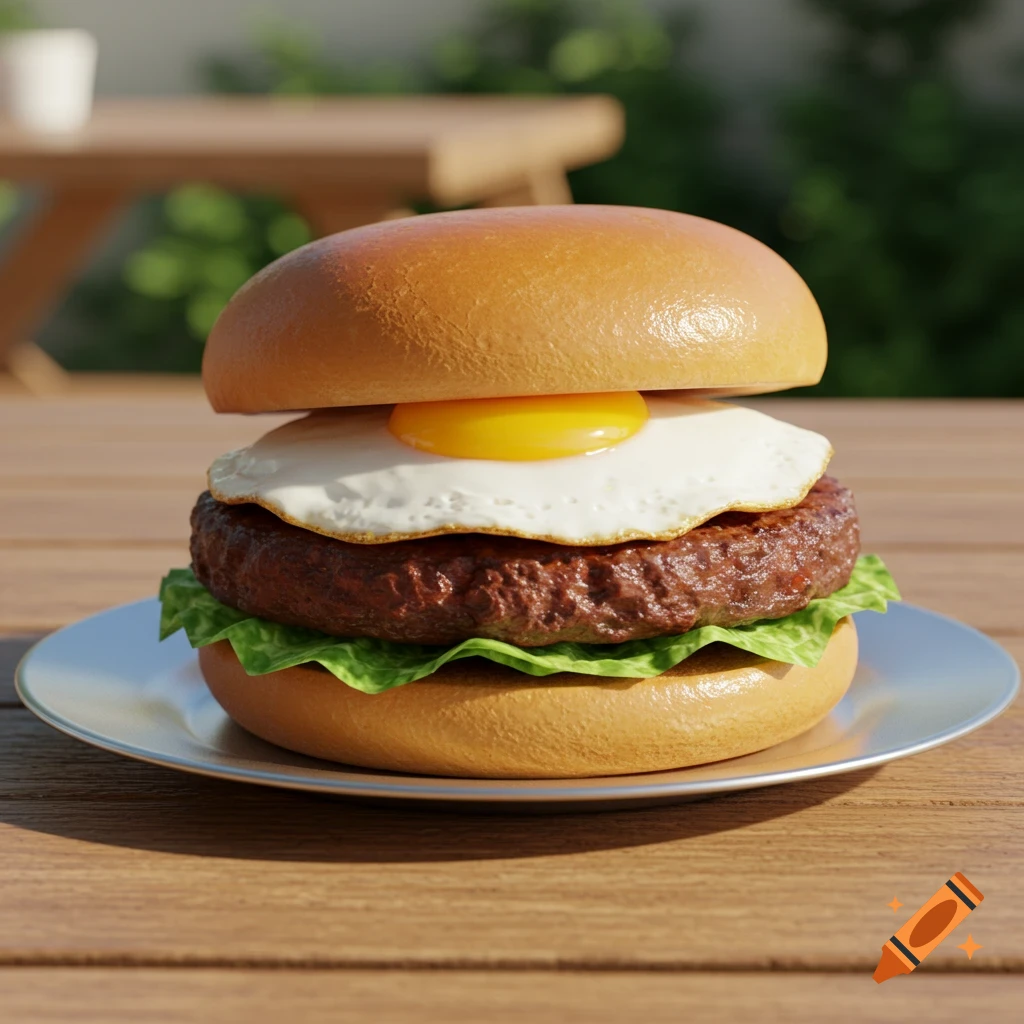 Photorealistic close-up of an egg burger with lettuce and a fried egg on a white plate on a wooden picnic table outdoors.