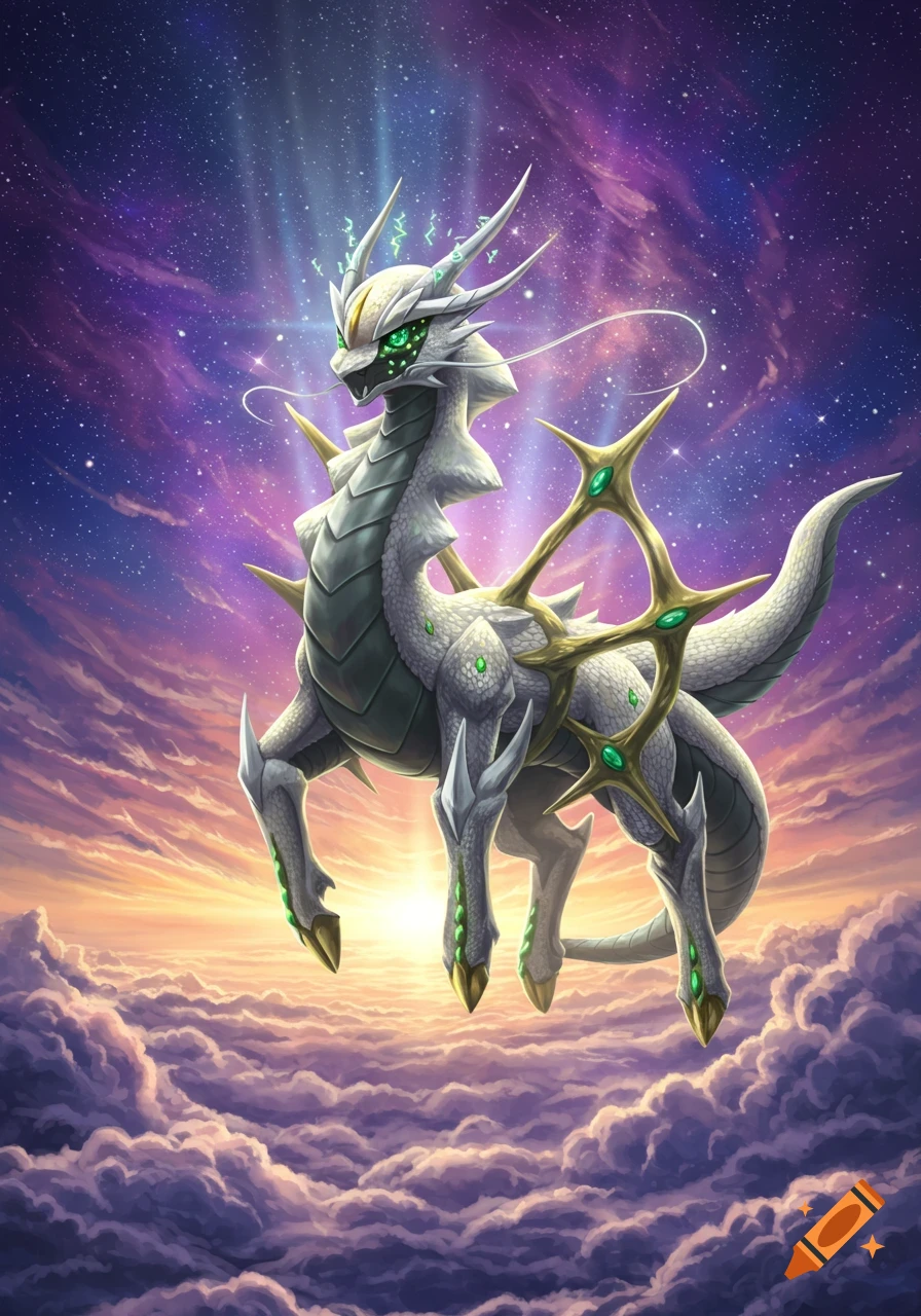 A majestic white dragon-like creature with gold and green accents floats above clouds under a cosmic, starry sky.