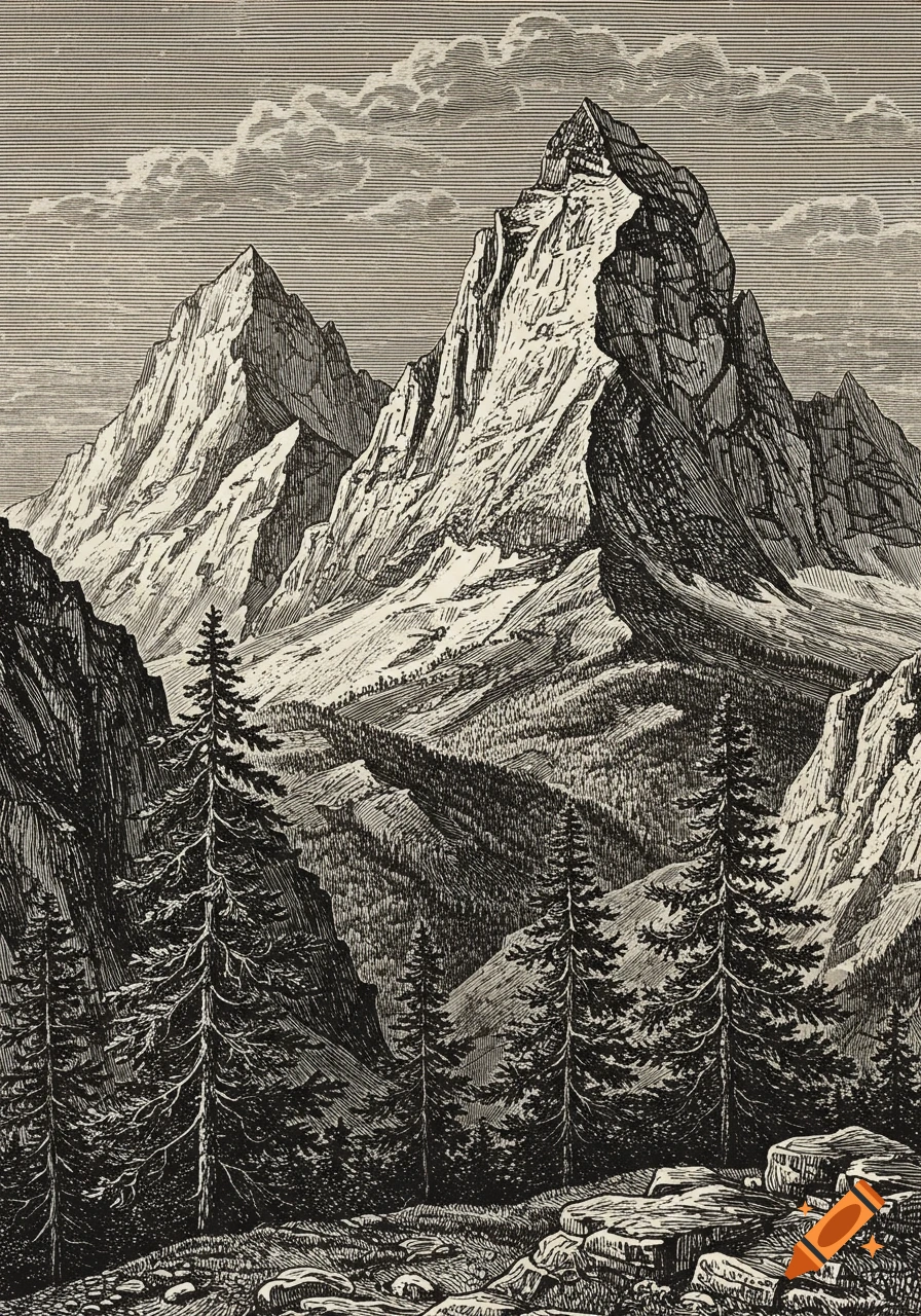 An intricate black and white engraving of majestic mountains with pine trees in the foreground and a cloudy sky.
