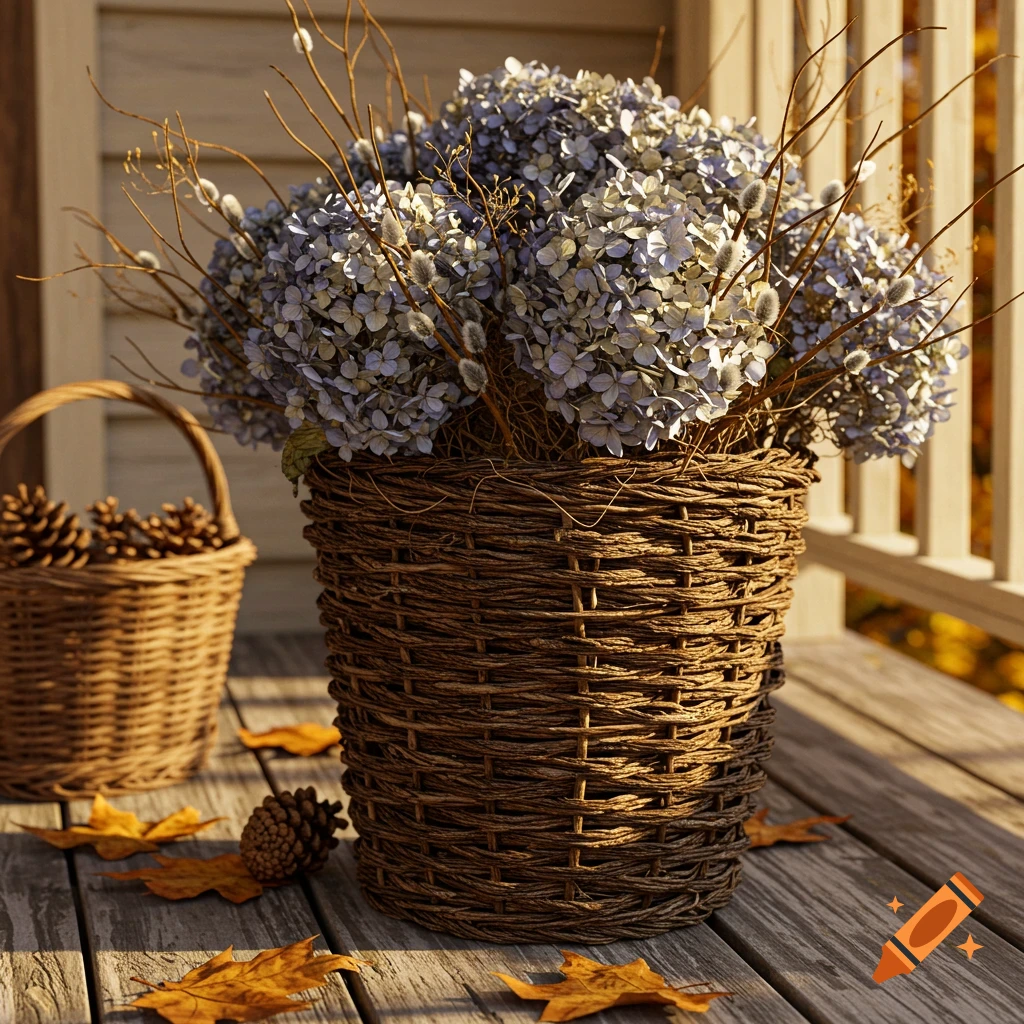 A large wicker pot filled with dried hydrangeas and pussy willow branches sits on a wooden porch with autumn leaves and pinecones.