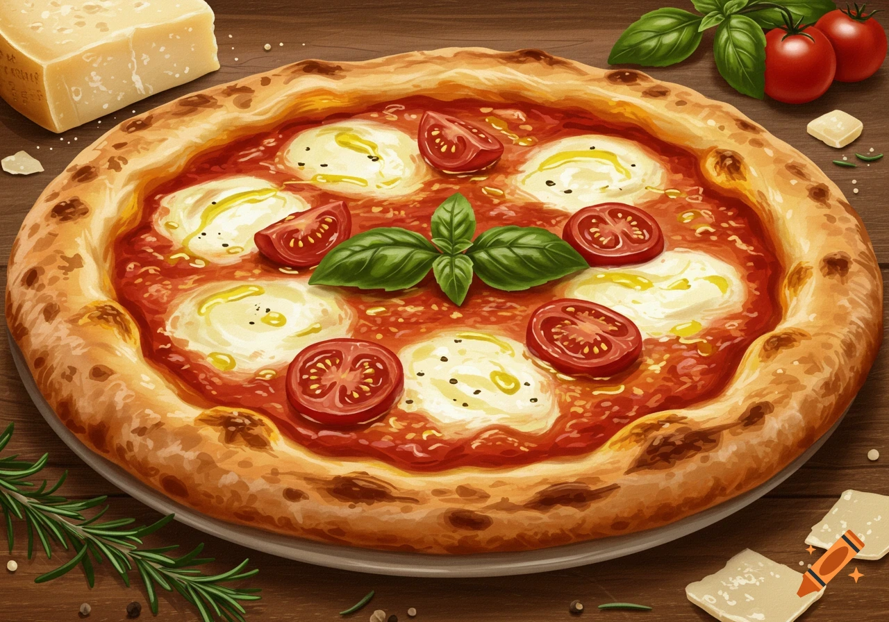 A vibrant, appetizing Margherita pizza with fresh basil, sliced tomatoes, and mozzarella on a wooden table with ingredients.