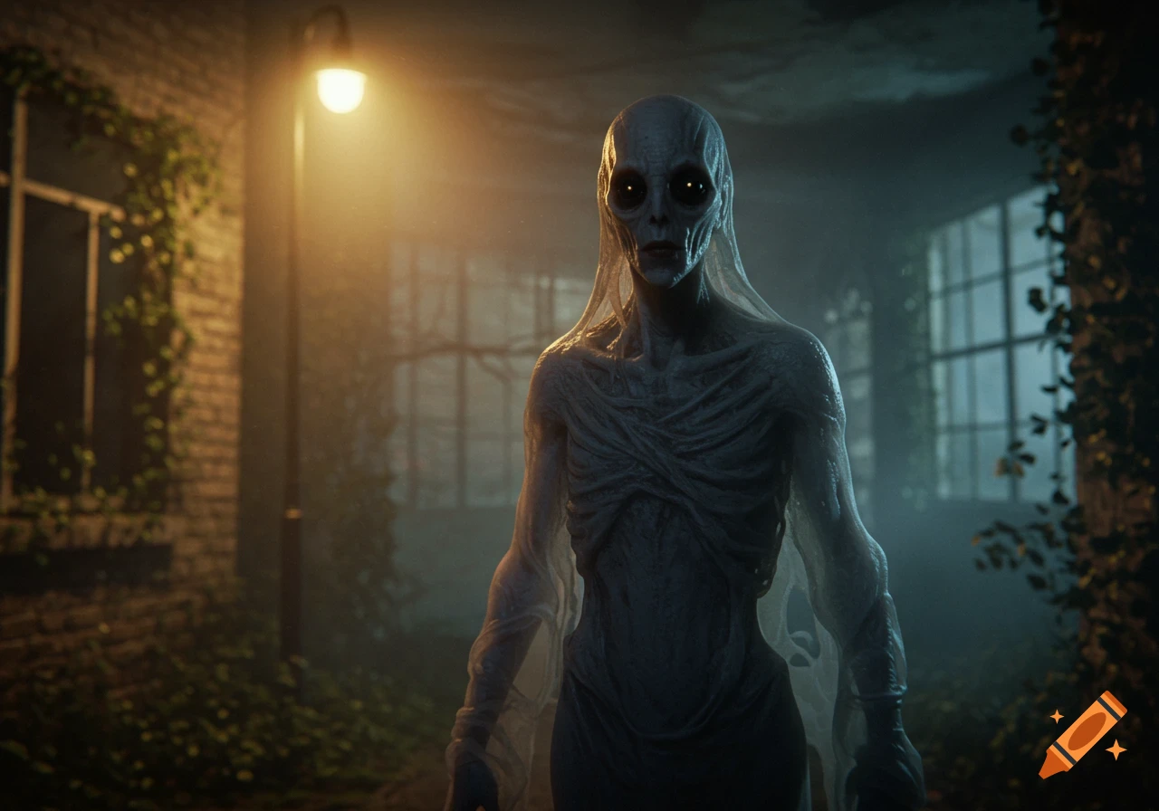 A gaunt, pale, alien-like creature with glowing eyes stands under a street lamp in a dark, overgrown alley in a photorealistic style.