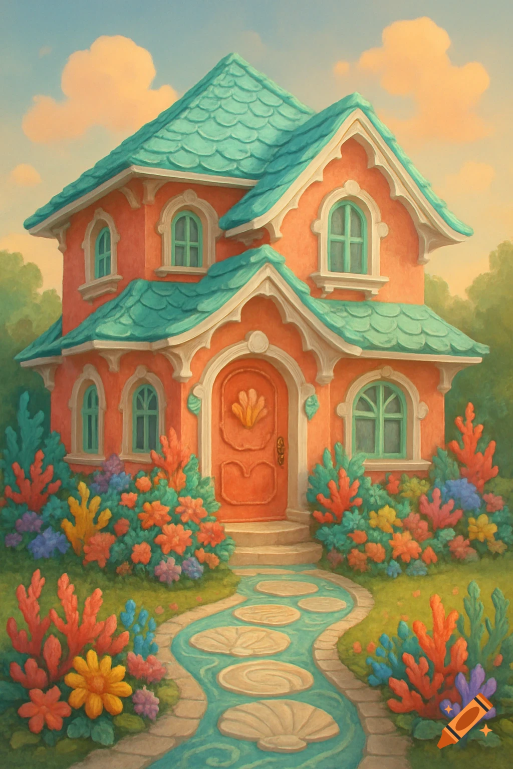 Whimsical orange house with a teal roof, shell door, vibrant garden of coral plants, and a winding path with shell stepping stones.