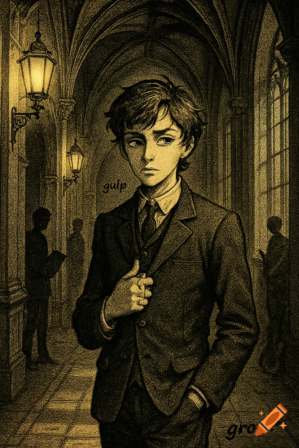A nervous young man in a suit stands in a dark, gothic hallway with lamps, illustrated in a sepia-toned manga style.