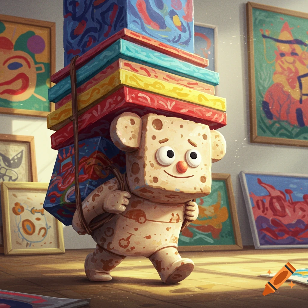 A blocky, spongy cartoon character struggles to carry a tall stack of colorful abstract paintings on its back in an art gallery.