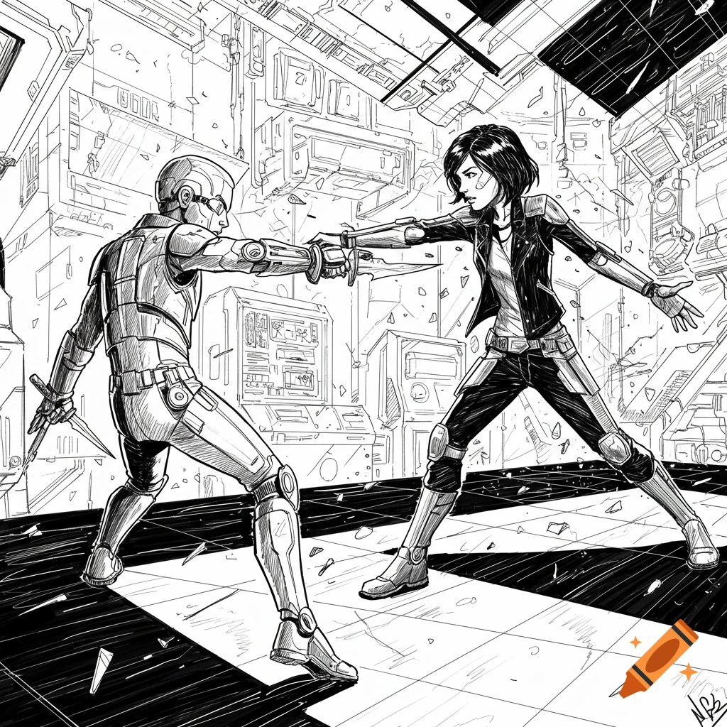 Black and white pen drawing of a woman and an armored figure facing off with knives in a futuristic, damaged room.