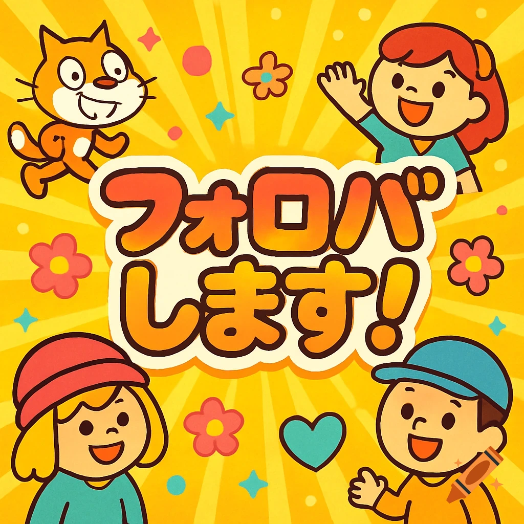 A colorful cartoon of the Scratch cat and two smiling children waving, with Japanese text "フォロバします！" (Follow back!) and flowers on a yellow background.