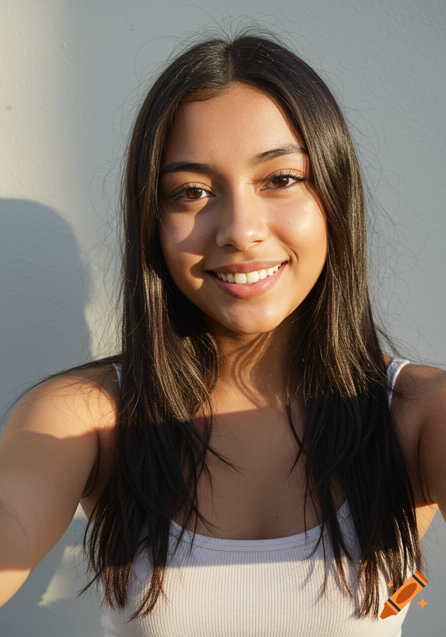 Smiling young Hispanic woman with long dark hair in a white tank top takes a selfie against a light wall, bathed in warm natural light.