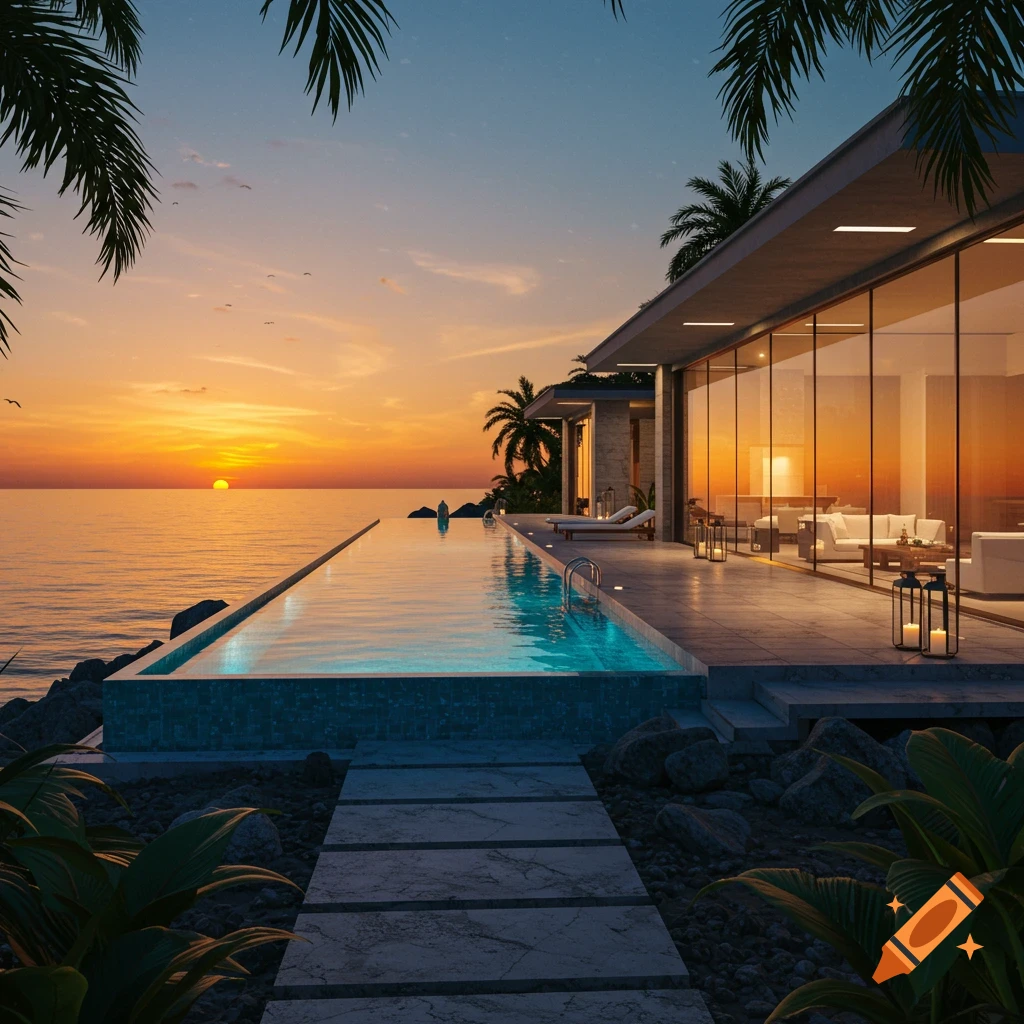 A luxurious modern villa with an infinity pool overlooking a vibrant sunset over the ocean, surrounded by palm trees.