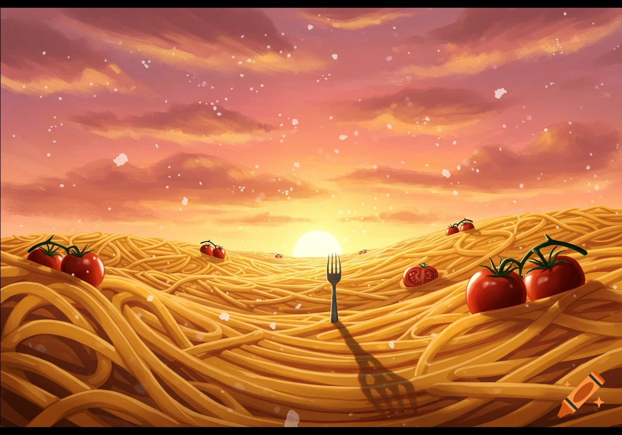 A fantastical landscape of spaghetti noodles and red tomatoes under a vibrant orange and pink sunset sky, with a fork in the center.