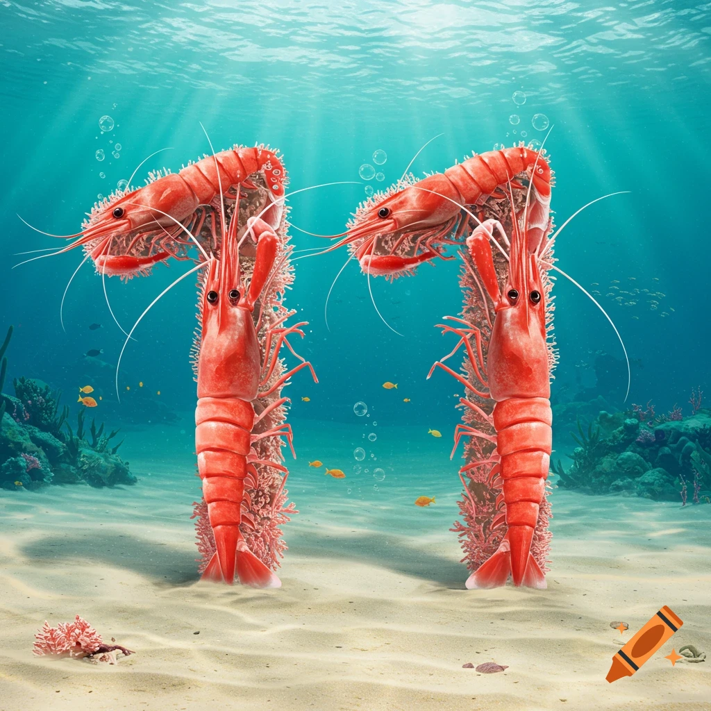 Two red shrimp shaped like the number 11 stand on a sandy ocean floor with coral, small fish, and sunlight filtering from above.