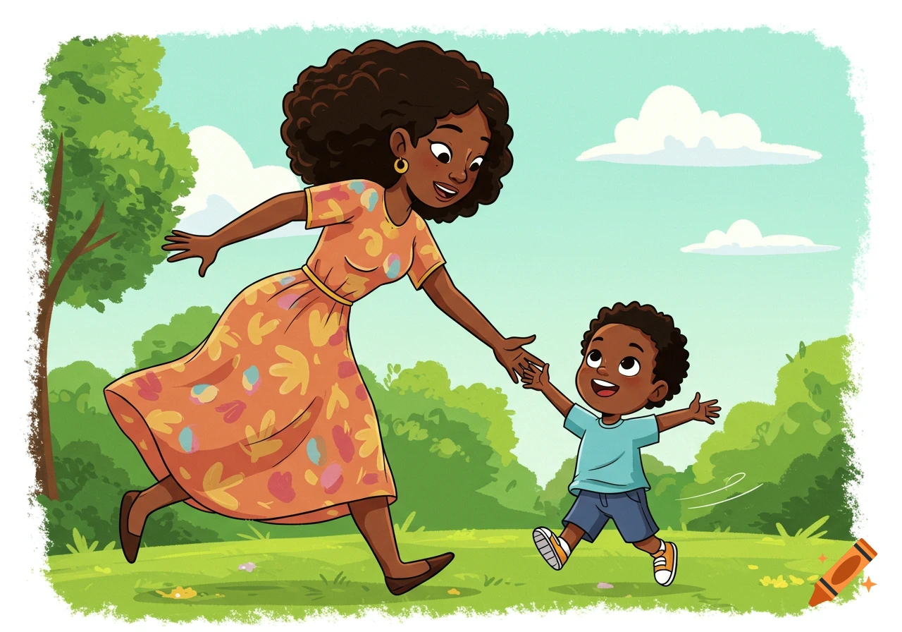 A cartoon illustration of an African American mother and her son running and holding hands in a park.