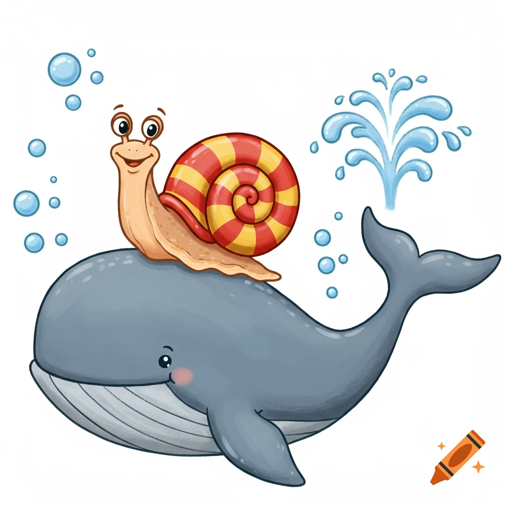 A happy cartoon snail with a red and yellow striped shell rides on the back of a smiling gray whale, surrounded by blue bubbles and a water spout, on a white background in a children's story illustration style.