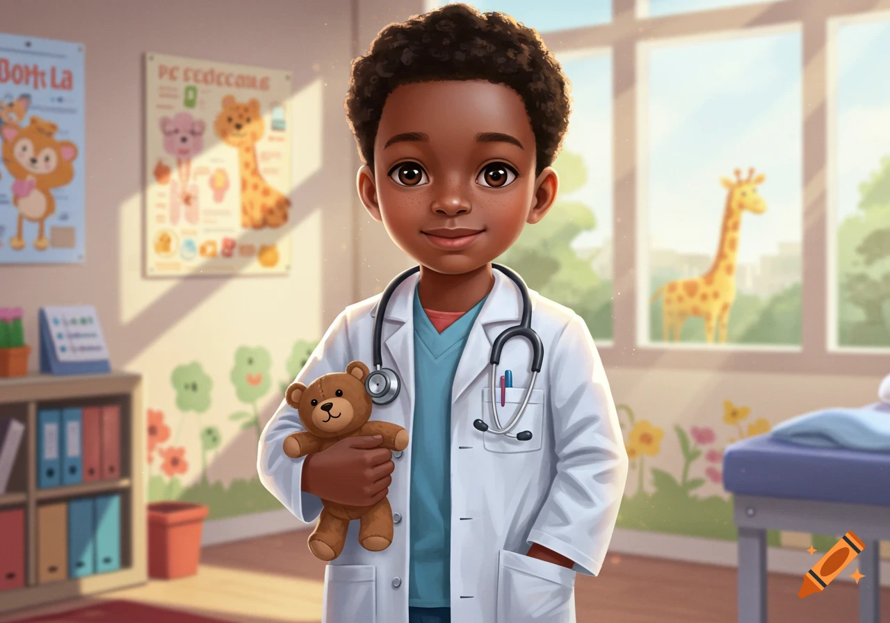 A cute cartoon African American boy dressed as a doctor, holding a teddy bear, stands in a brightly lit room.