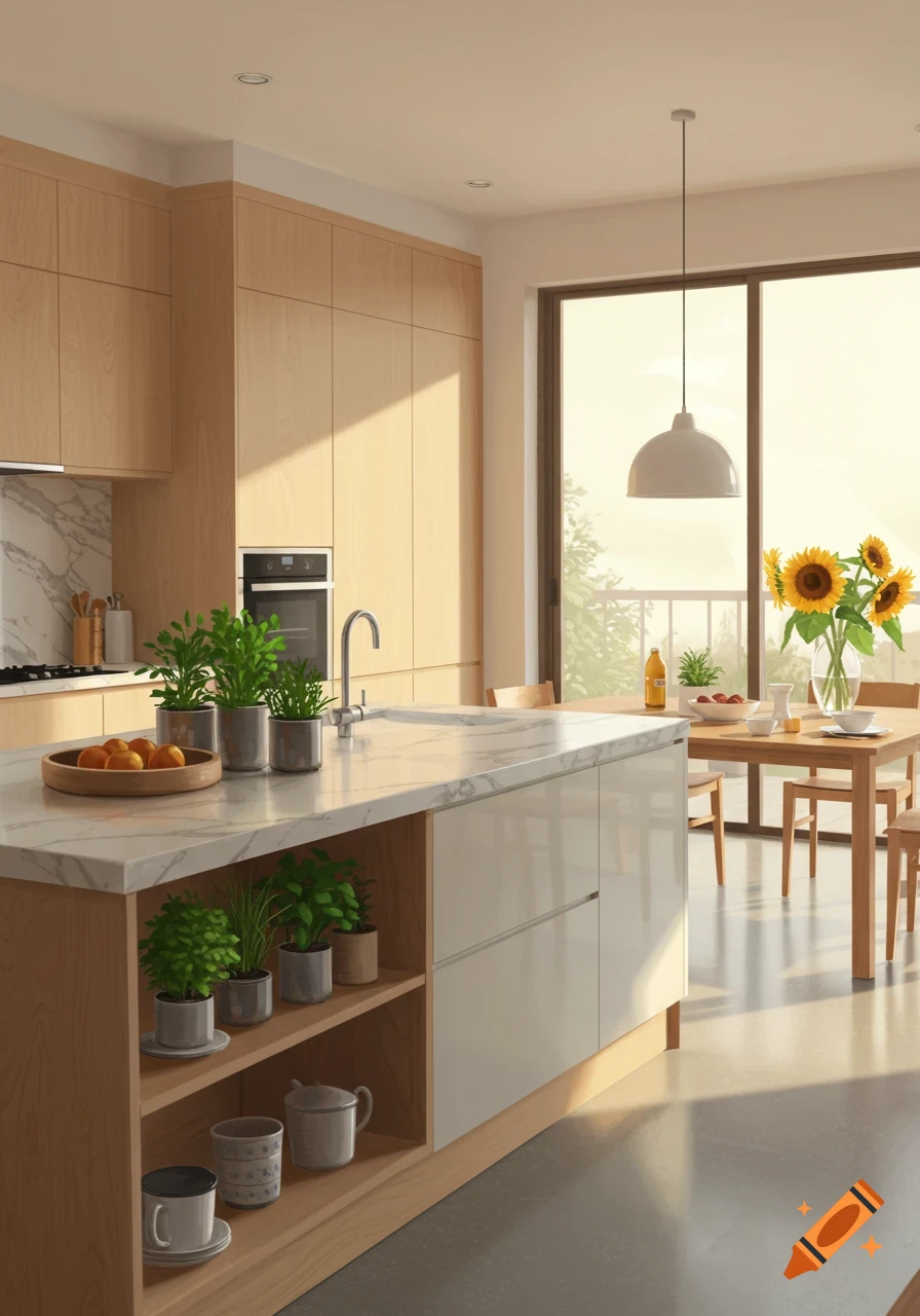 A modern, sunlit open-plan kitchen featuring light wood cabinets, a white marble island, potted plants, and sunflowers on a dining table by a large window.