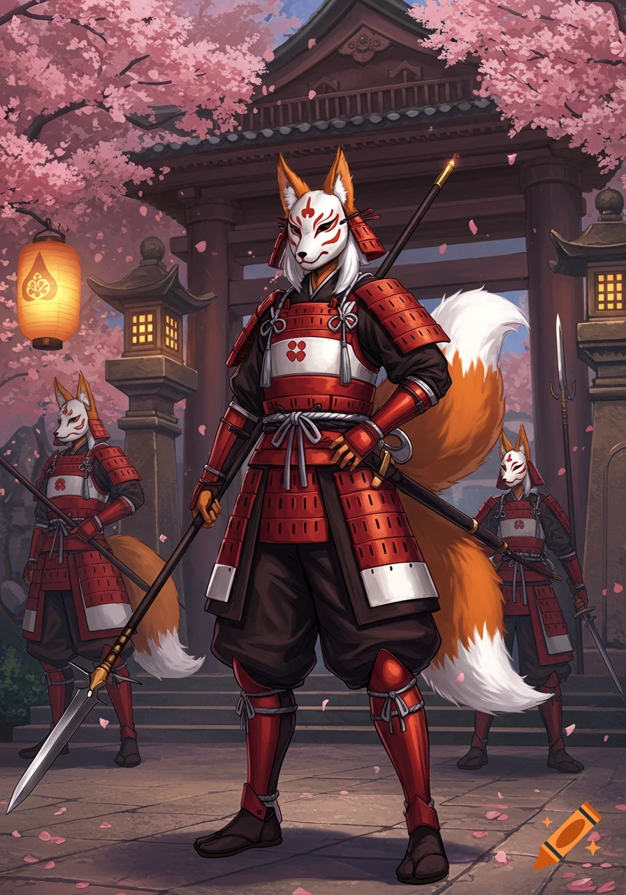 Anime illustration of armored kitsune warriors with spears standing guard at a Japanese temple gate adorned with cherry blossoms and lanterns.