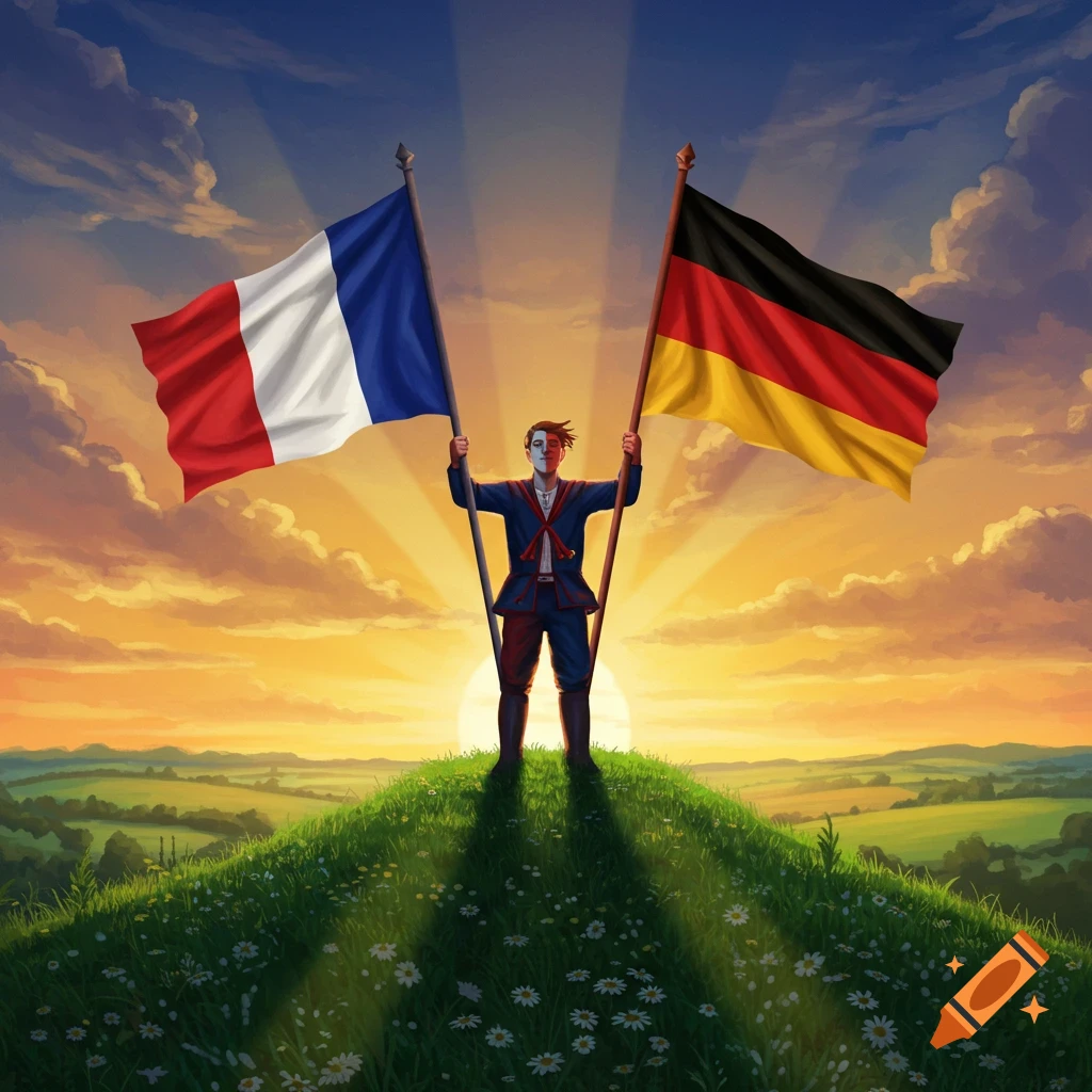 An illustration of a person holding the French and German flags on a grassy hill at sunset, with a scenic landscape in the background.
