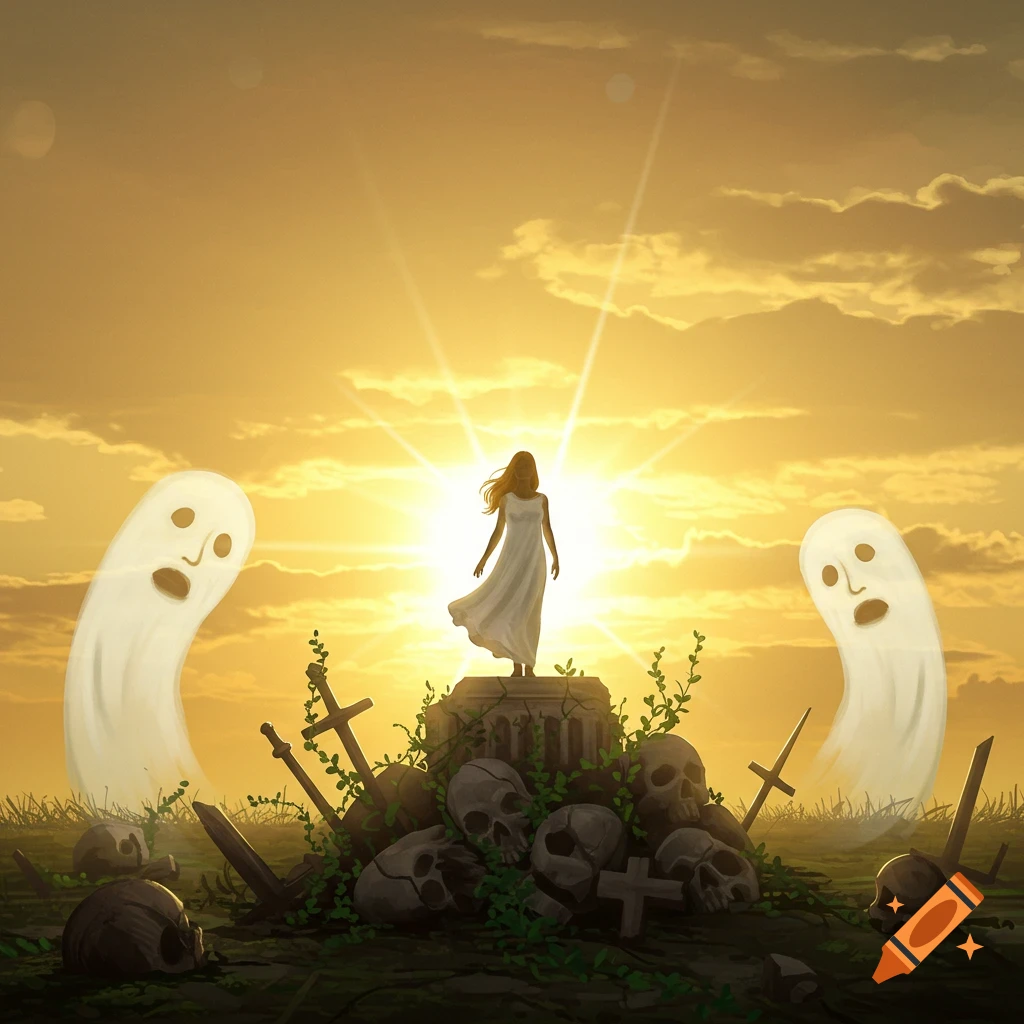 A woman in a white dress stands on a mound of skulls and swords, with two ghosts looking on, all under a bright, dramatic sunset.