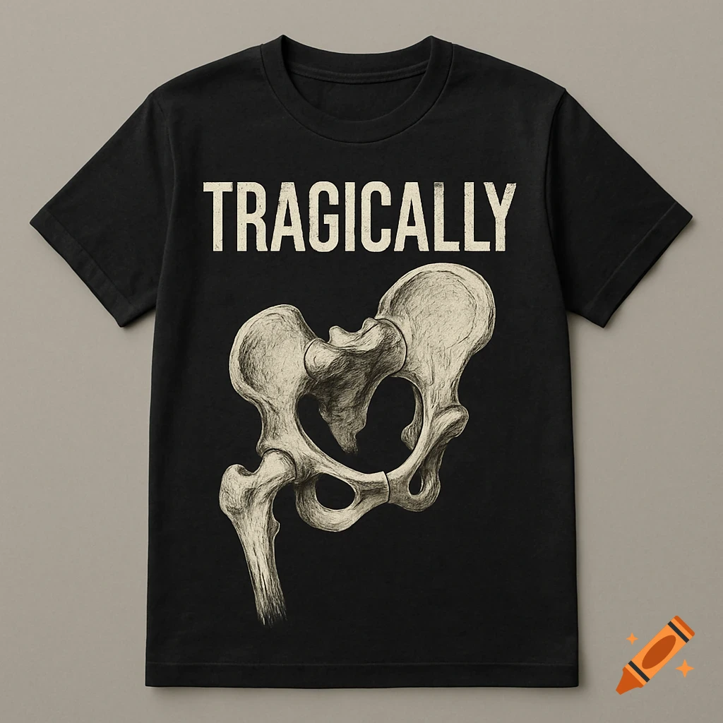 A black t-shirt with the word 'TRAGICALLY' in white capitals above a detailed illustration of a human hip bone.