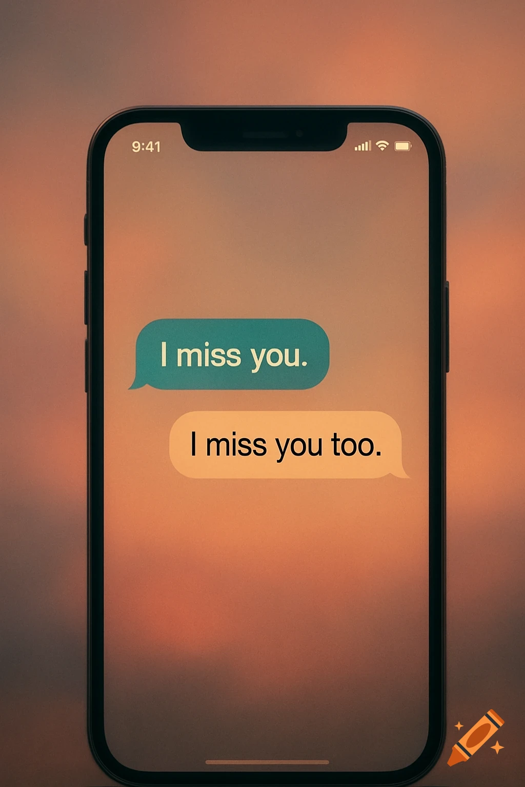 Close-up of a smartphone screen displaying text messages 'I miss you.' and 'I miss you too.' on a blurred warm background.