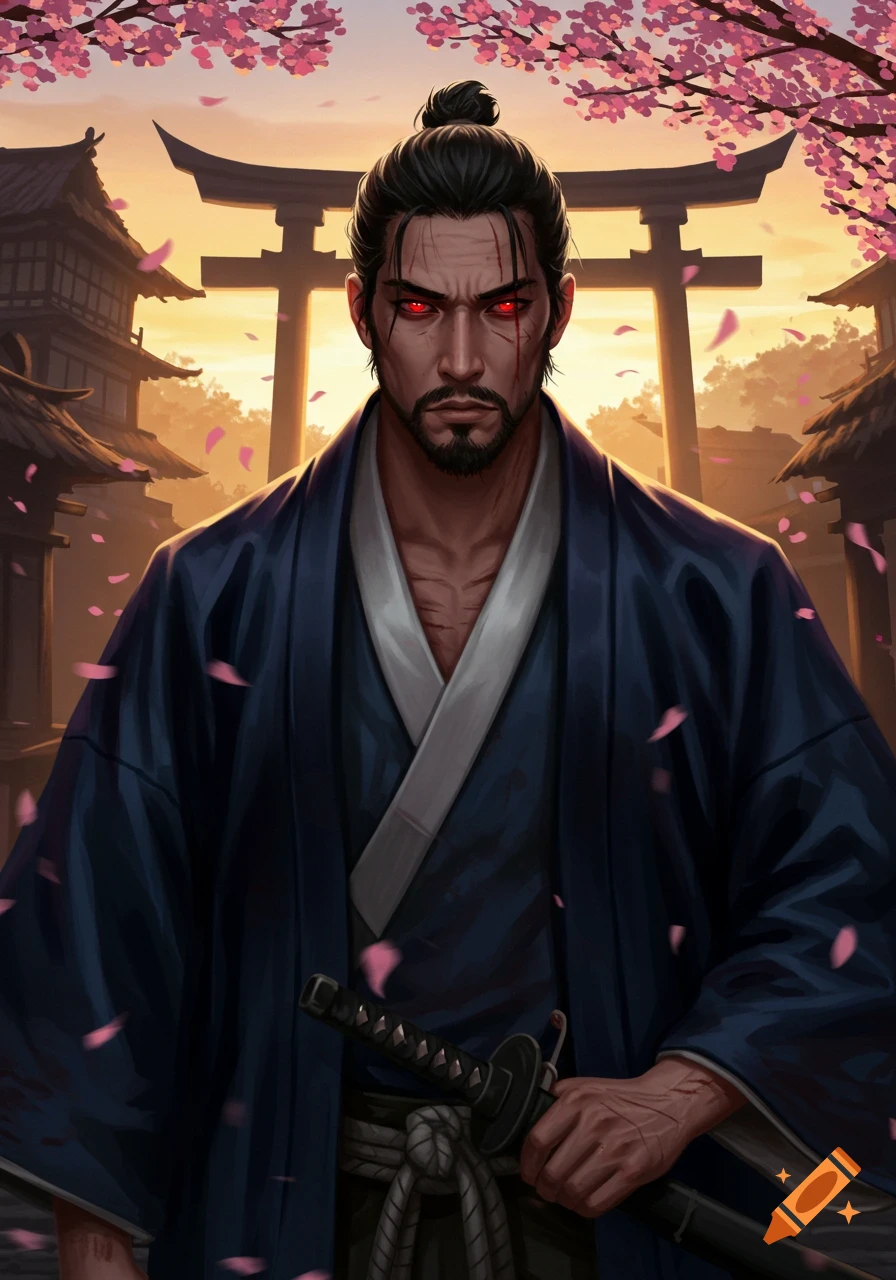 A stern, scarred samurai-like man with glowing red eyes in a dark kimono, holding a katana, stands before a torii gate and cherry blossoms.