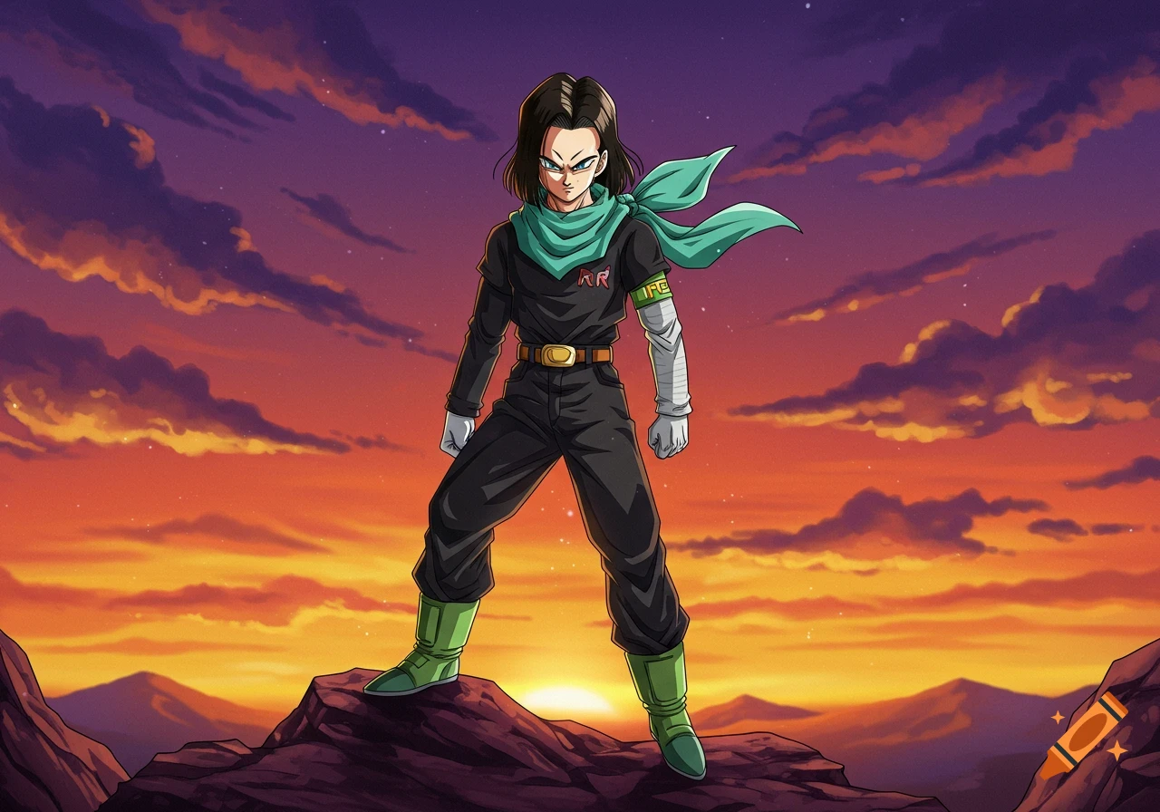 An anime character, Android 17, stands heroically on a mountain overlooking a vibrant orange and purple sunset.
