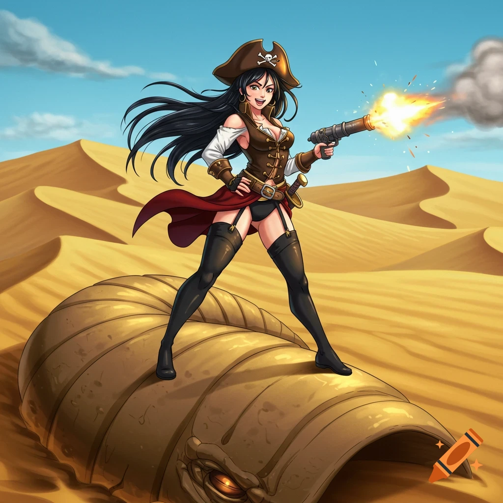 An anime pinup pirate girl with black hair stands on a giant sand worm, firing a cannon in a desert landscape.