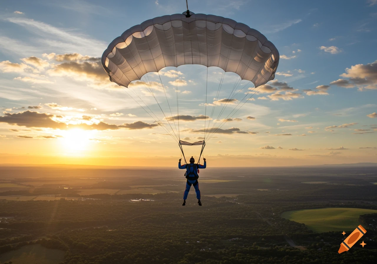 A person in a blue suit parachutes during a vibrant sunset over a forested landscape.