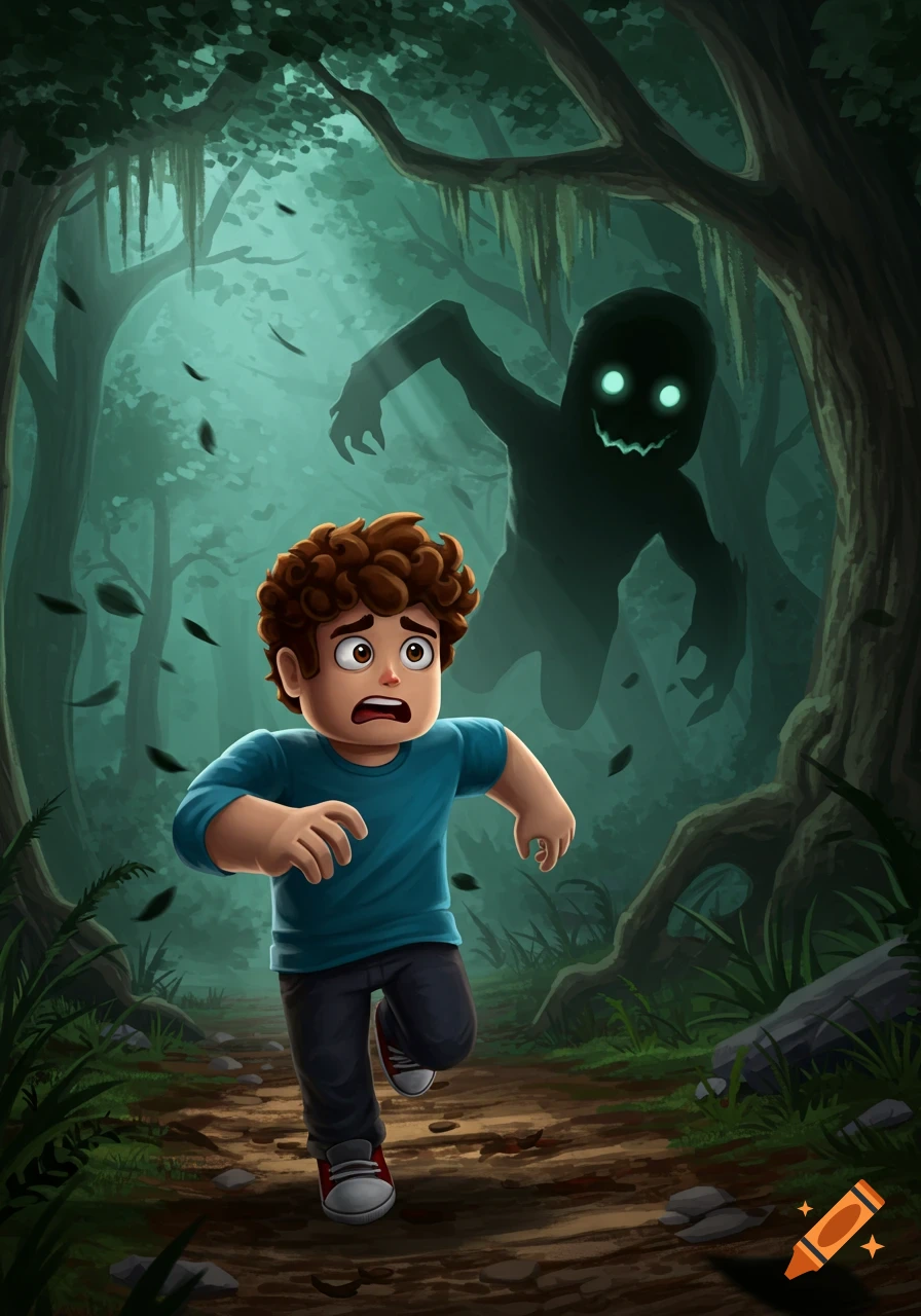 Cartoon illustration of a frightened boy running through a dark forest, pursued by a shadowy monster with glowing eyes.