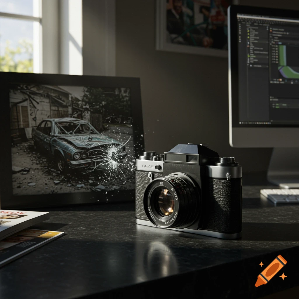 A vintage camera sits on a desk next to a framed picture of a wrecked car and a computer monitor, bathed in sunlight from a window.