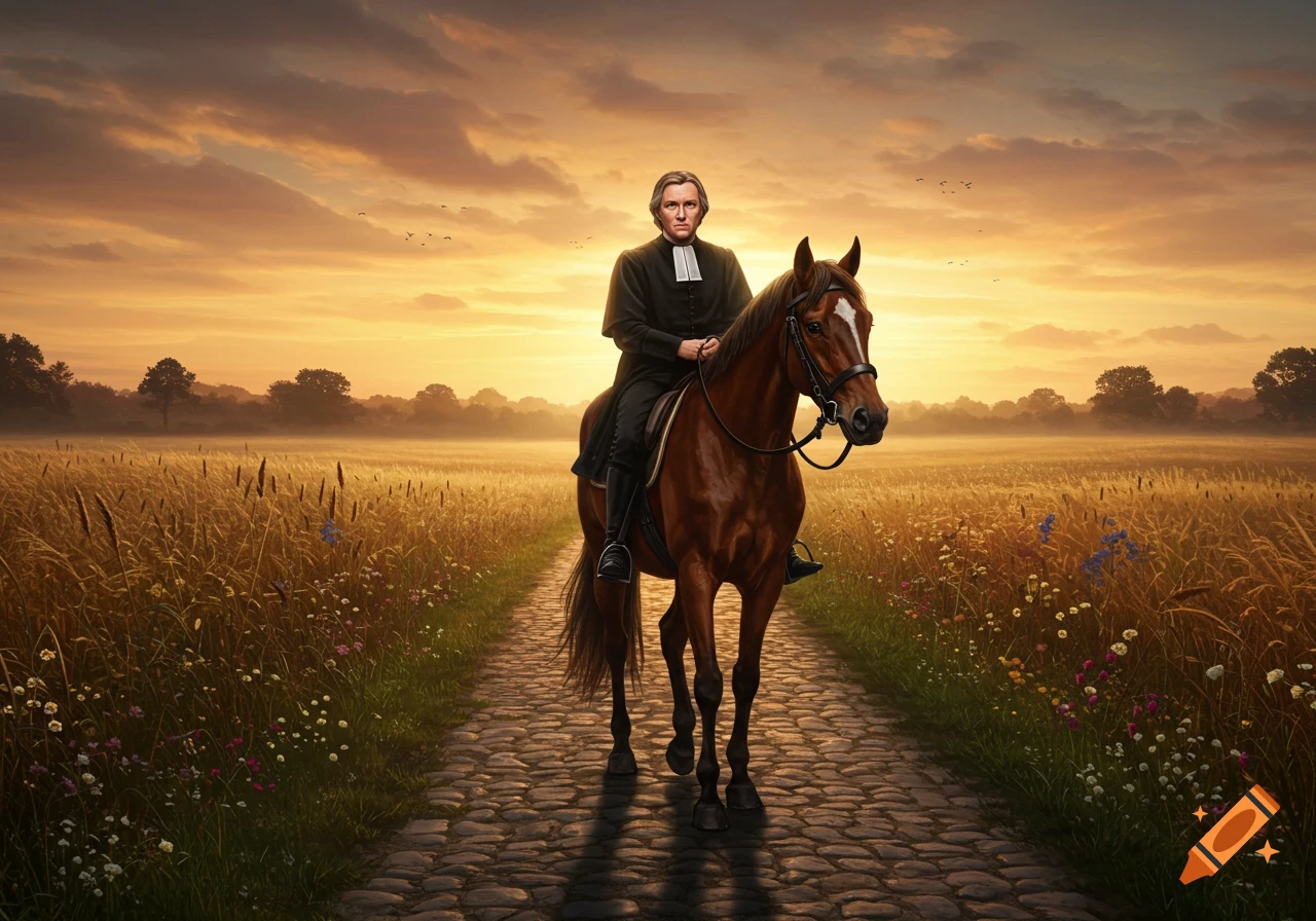 A clergyman rides a brown horse down a cobblestone path through a golden field under a dramatic sunset. Photorealistic art.
