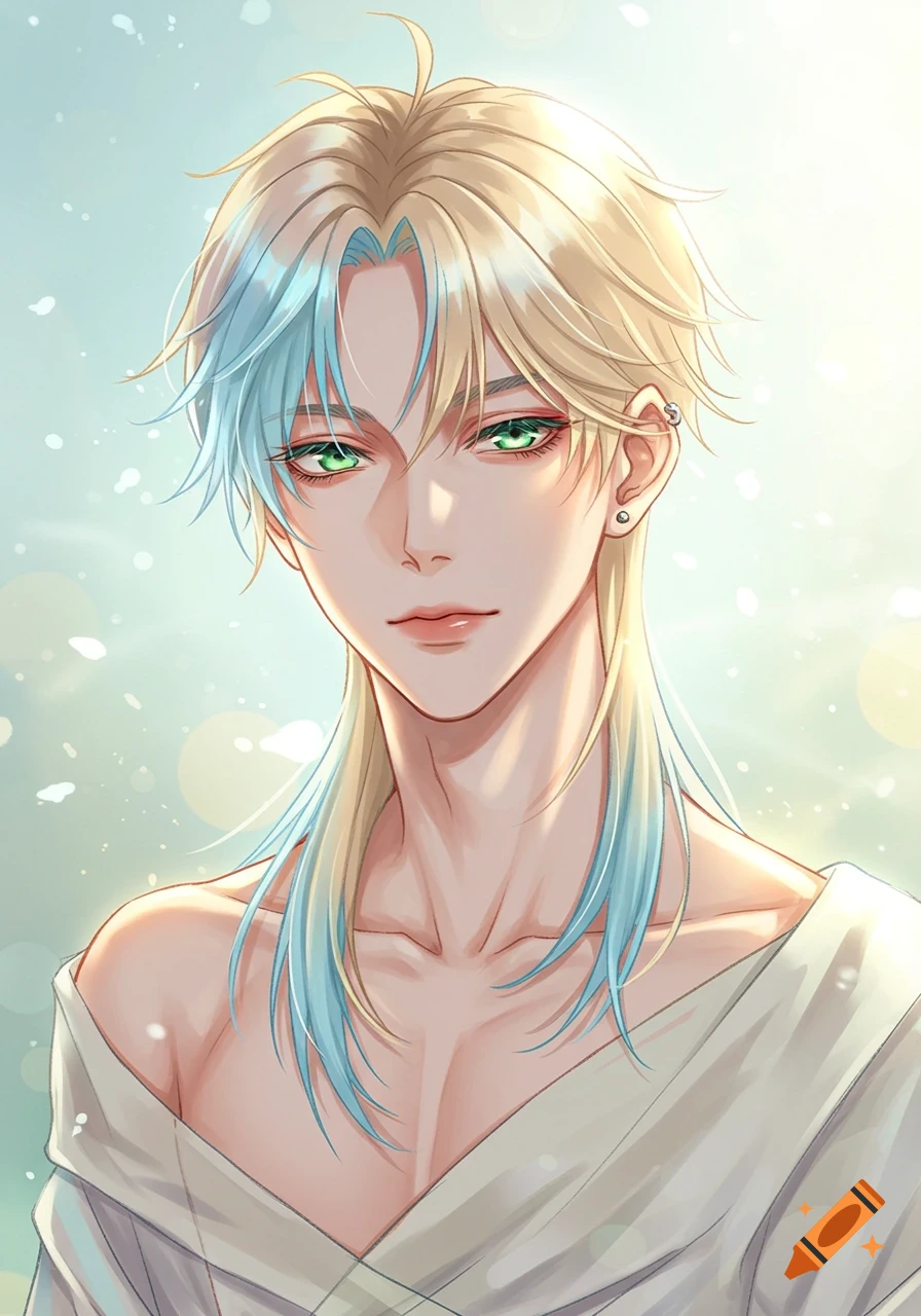 Anime male character with blonde hair, light blue ombre, and green eyes, wearing a white off-shoulder shirt.